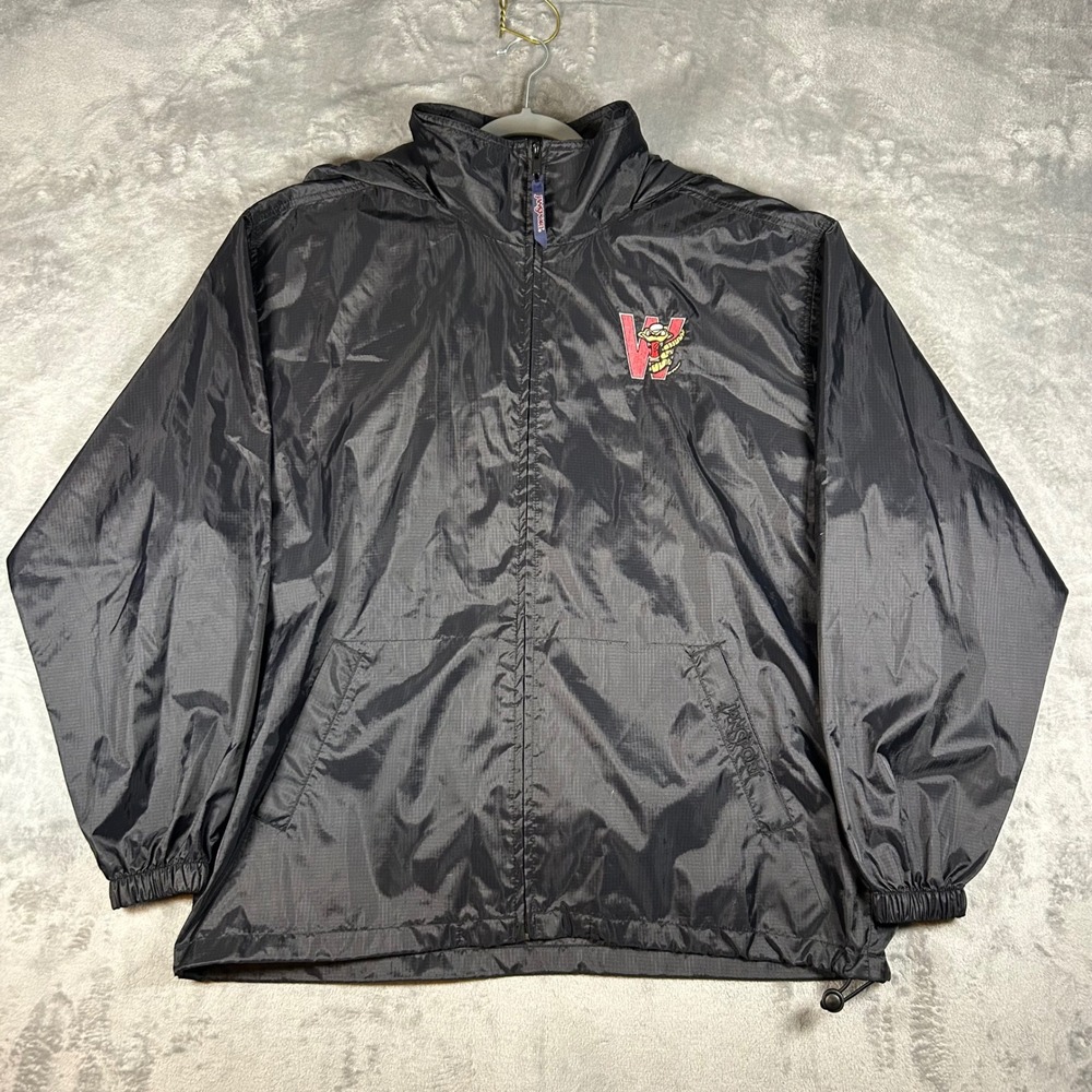 Jansport Windbreaker Jacket XL Black Ripstop Full Zip Hooded Mascot Logo Mens